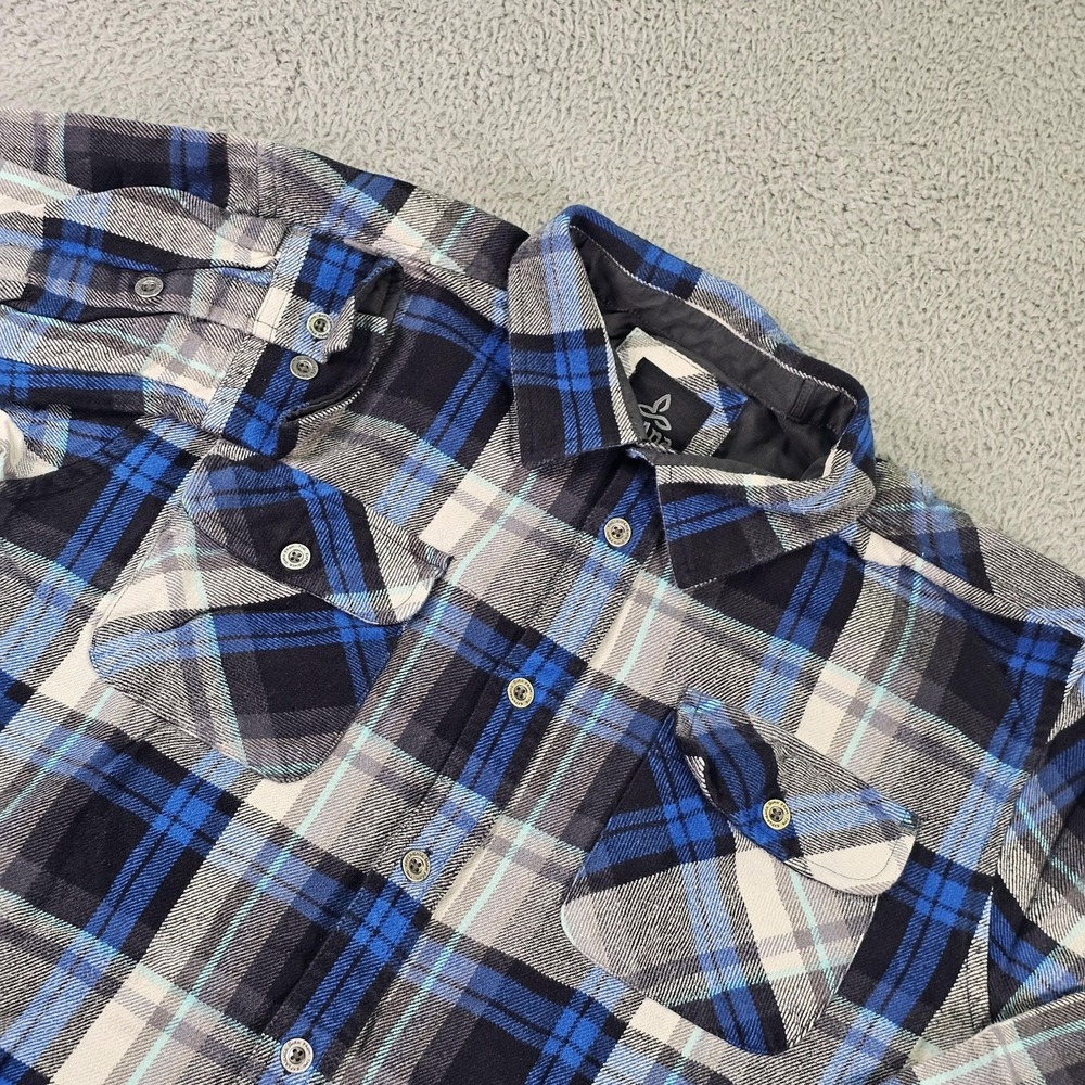 PrAna Shirt Mens Large Blue‎ Plaid Flannel Button Up Long Sleeve Pockets